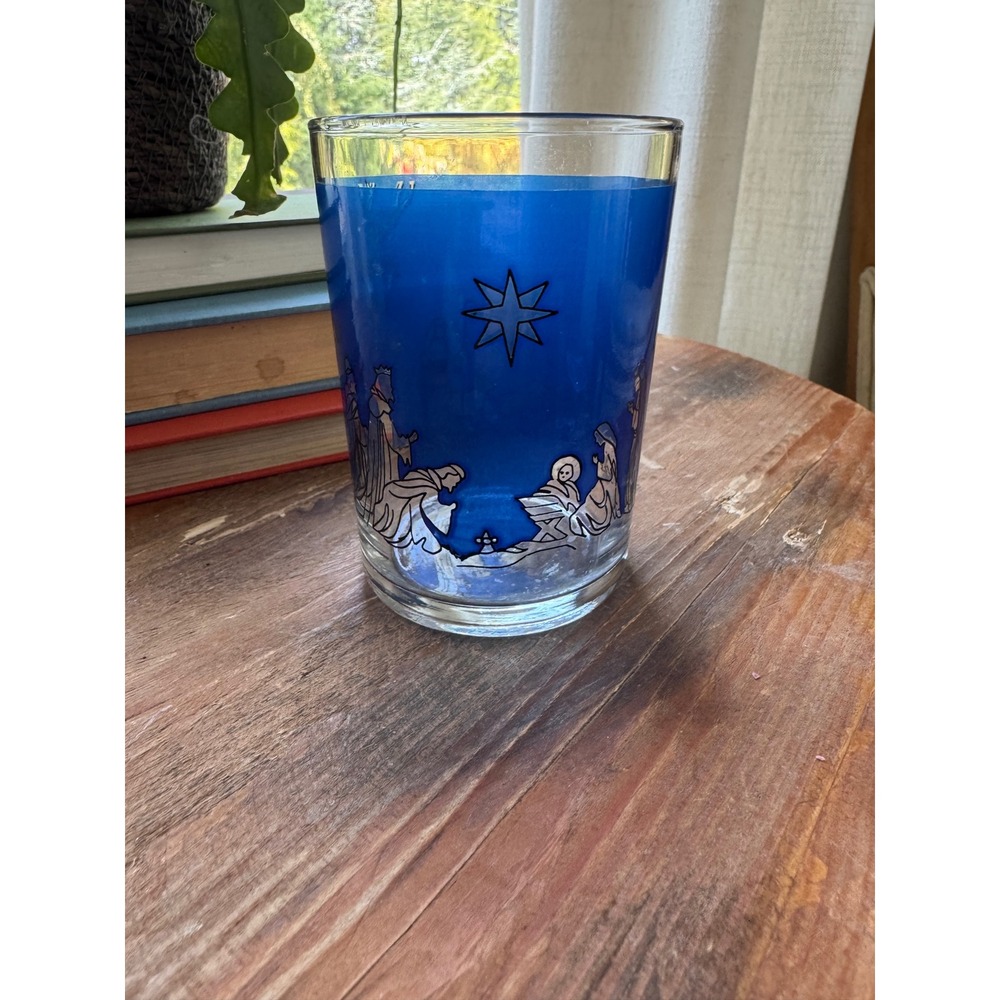 Vintage Cobalt Blue Nativity Scene Juice Glass Silver White Christmas Holiday
